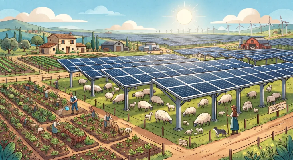 Impianto agrivoltaico con pannelli solari sopraelevati e pecore al pascolo