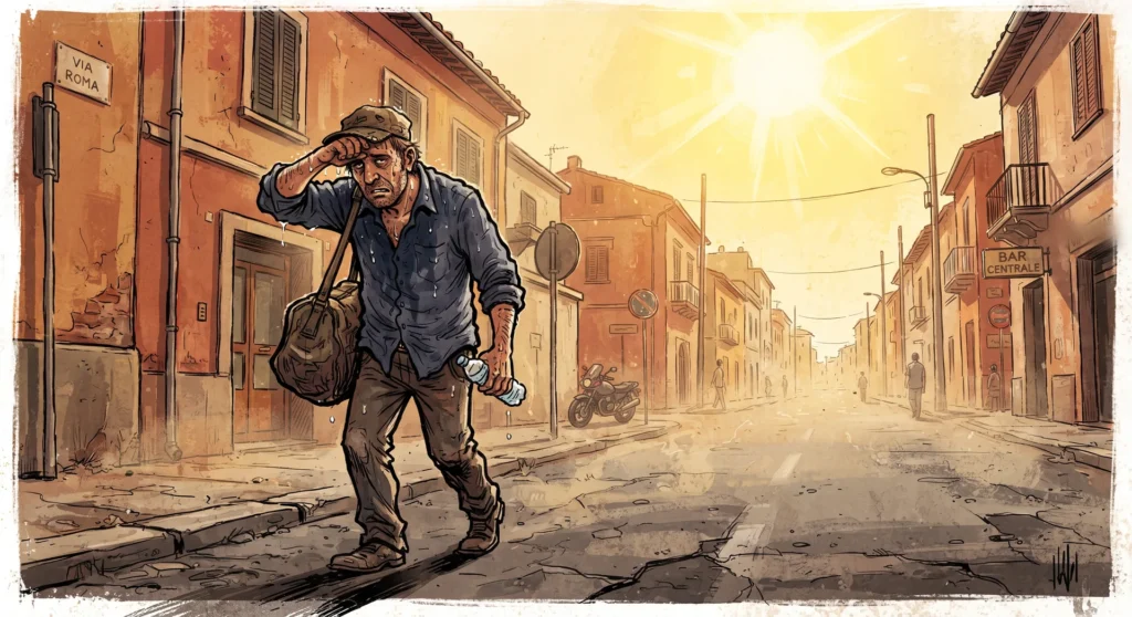 Uomo esausto cammina per una strada di Milano deserta sotto il sole cocente, simbolo del caldo estremo urbano.
