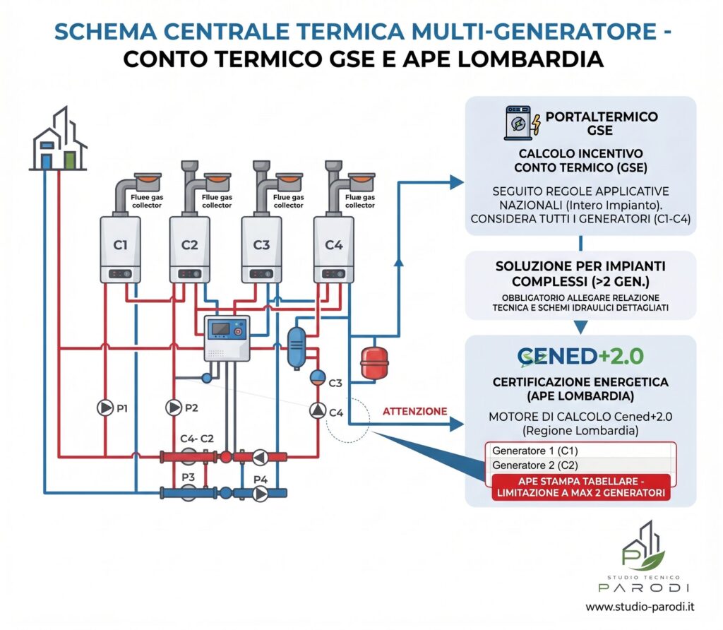 Schema di una centrale termica con più generatori di calore per pratica Conto Termico GSE in Lombardia