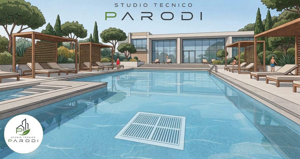 Piscina pubblica con griglia di aspirazione di fondo conforme alla normativa sulla sicurezza